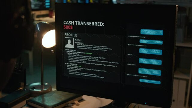 Over-shoulder closeup of anonymous fraudster looking at computer screen with victims personal profile and chat messages extorting password in dark scam call center office at nighttime