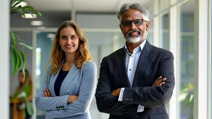 A diverse group of confident professionals, including a latin and indian businessman and a european businesswoman, discussing business strategies standing in a modern office environment. - Powered by Adobe