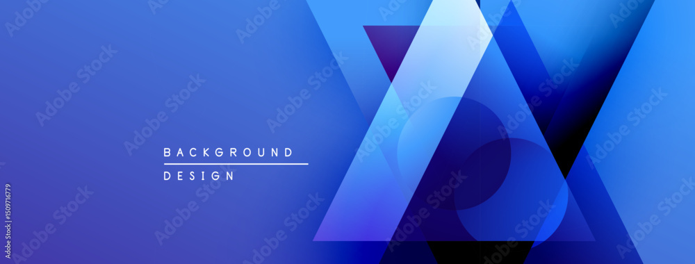 Poster abstract blue design features overlapping geometric shapes, gradients, circles. modern background su