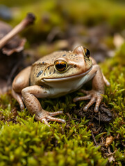 Obraz premium Isolated close-up of an European grass frog on cozy forest moss (Rana temporaria)