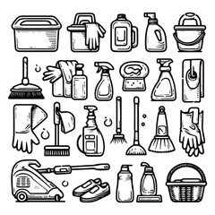 vector clip art set of cleaning elements, simple line style icons
