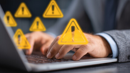 A person typing on a laptop with multiple warning icons indicating caution, alert, or cybersecurity threats.
