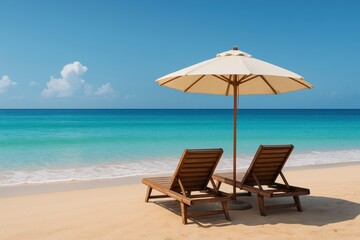 Tropical beach scene with two wooden lounge chairs under a large sun umbrella beside the calm turquoise ocean and clear blue sky at a sunny day