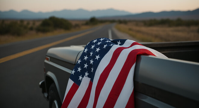 American flag draped over pickup truck on road at sunset - Powered by Adobe