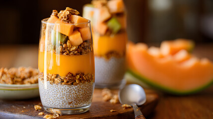 Obraz premium Layered Cantaloupe Chia Pudding Parfait with Granola and Fresh Fruit on a Rustic Wooden Table