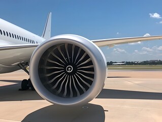 Close-up of a commercial airplane engine with visible turbine blades under bright daylight on the runway

