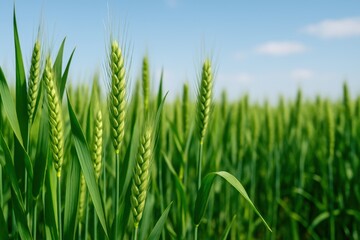 Lush Green Wheat Field Under Blue Sky with White Clouds, Perfect for Agriculture and Nature Themes, Scenic Background for Farming and Crop Growers
