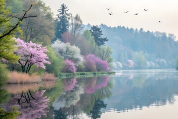 Peaceful Spring Lake with Cherry Blossoms and Tree Reflections – Tranquil Nature Scenery with Blooming Trees.