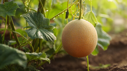 Fully Ripened Cantaloupe Still Attached to Plant Surrounded by Green Leaves and Natural Sunlight