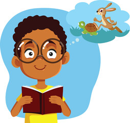 Boy Reads the Fable of the Hare and Tortoise Vector Cartoon. Little child learning about classical literature in school   © nicoletaionescu