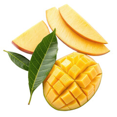 Fototapeta premium Mango leaf png mango with slices png mango fruit png tropical leaves png juicy mango png sliced mango png transparent background image