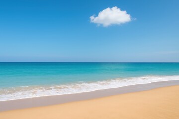 Fototapeta premium Tranquil beach with golden sand and turquoise water under a clear blue sky featuring a single white cloud drifting above the horizon