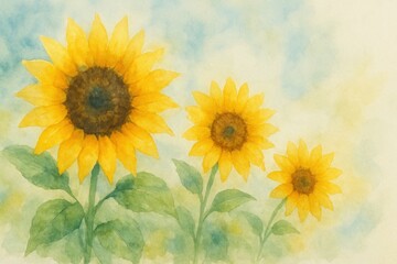 Obraz premium Beautiful Watercolor Sunflowers in Bloom with Soft Blue Sky Background for Nature and Floral Art Enthusiasts and Decor Projects