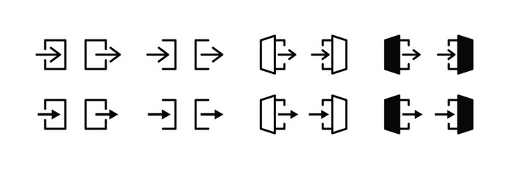Vector Icon Set of Login and Logout Buttons, Minimalistic Arrow Symbols, User Interface Elements, Enter Exit Sign, Web App Design, Black Line and Solid Style, High-Quality Vector Illustration