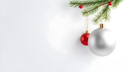This image displays a festive Christmas scene with silver ornaments, a red bow, pine branches, and red berries against a snowy white background with scattered snowflakes. It evokes a feeling of holida