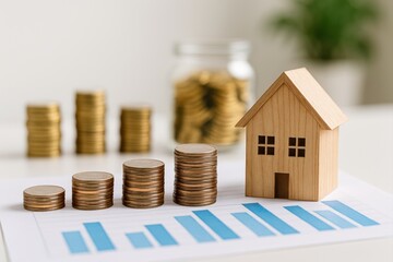Wooden house model with stacked coins and chart on table representing real estate investment and financial growth trends for property market analysis