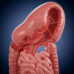 A human spleen filled with ruptures and cracks, symbolizing splenic damage or rupture.