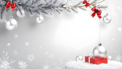 This image displays a festive Christmas scene with silver ornaments, a red bow, pine branches, and red berries against a snowy white background with scattered snowflakes. It evokes a feeling of holida