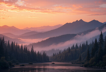 Fototapeta premium Majestic Mountain Landscape at Sunrise with Pink Sky, Serene Lake, and Pine Forest Silhouettes in a Peaceful Alpine Valley