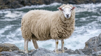 Fluffy sheep standing on rocks by a rushing river.