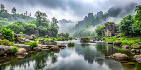 Fototapeta premium Misty River Landscape, Tranquil Nature Photography, Serene Green Valley, Stone Formations, Overcast Day