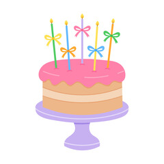 Layered birthday cake with pink icing, colorful candles, and cute bows on a purple stand. Flat hand drawn vector illustration