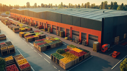 Industrial food warehouse with expanding profits and fresh produce captured from aerial view