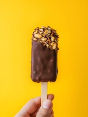 Obraz premium Photo of a Chocolate Ice Cream Bar with Nutty Coating on a Bright Yellow Background