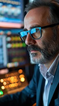 A dedicated it professional intently analyzes code late at night in a dimly lit office, illuminated only by the glow of multiple monitors, showcasing a focused and tech-savvy environment.