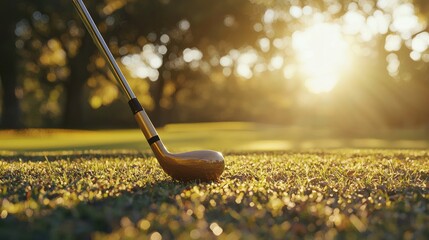 Golden hour golf club on a grassy fairway.