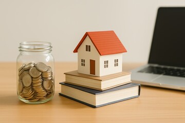 Financial Planning Concept with Model House, Coin Jar, and Books on Table Next to Laptop for Real Estate Investment and Savings Ideas