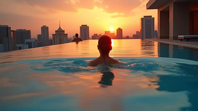 Time-lapse capturing a stunning woman swimming spa gracefully in a luxurious rooftop pool atop a high-rise condominium. Set against the breathtaking backdrop of a glowing sunset