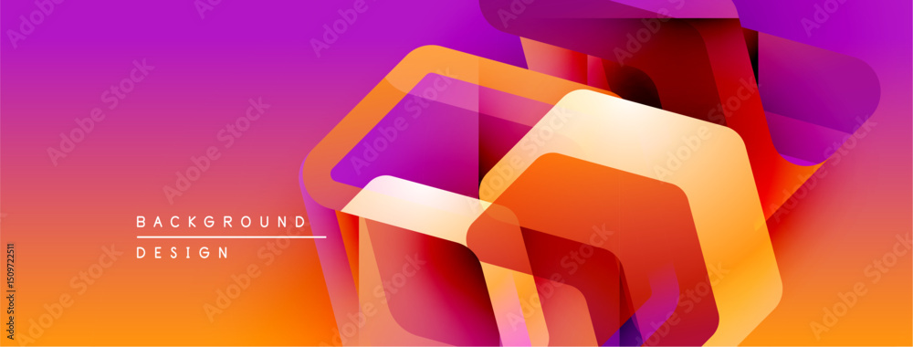 Poster abstract geometric shapes overlap, creating vibrant gradient effect. orange, pink, purple hues domin