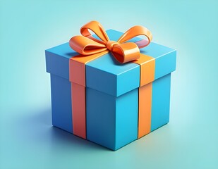 Obraz premium A vibrant blue gift box with an elegant orange ribbon and bow, set against a soft gradient background. Ideal for celebrations, holidays, or festive-themed designs.
