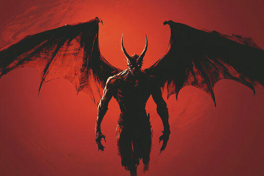 A demon with sharp horns and bat-like wings silhouette - Powered by Adobe