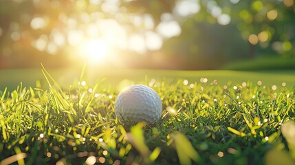 Golf ball resting on vibrant green grass at golden hour.