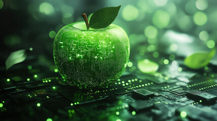 Data visualization on screen with a green apple and vibrant bokeh background