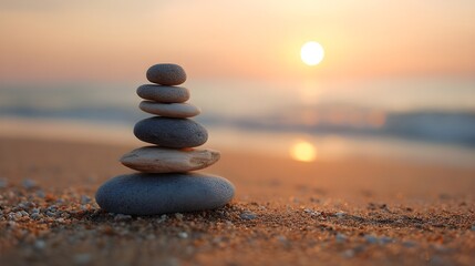 Fototapeta premium Zen stones on the beach at sunset symbolize balance and peace
