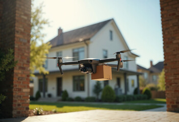 Delivery drone flying with package in suburban neighborhood