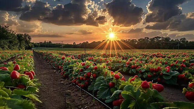 Strawberry field sunset landscape footage