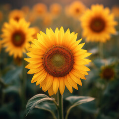 Fototapeta premium a vibrant sunflower in a sunlit field, close-up focus on a single large sunflower with golden yellow petals and a detailed textured center.
