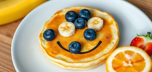 Cute smiley face pancake with blueberries for eyes and banana smile, food, snack