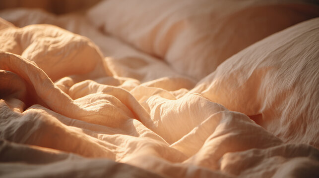 crisp white linen sheets gently rumpled on a sunlit bed, soft golden light streaming across the fabric, warm peach and ivory color palette.