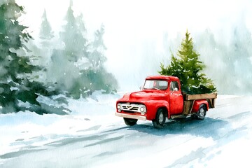 watercolor illustration of a vintage red truck carrying a Christmas tree in the back, snowy road, winter forest