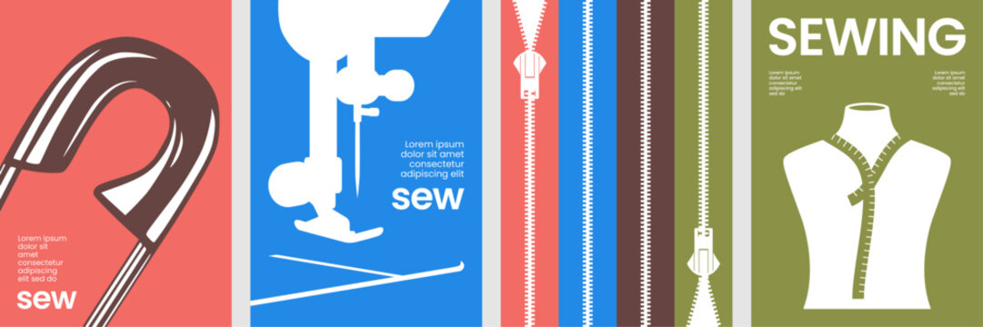 Modern sewing poster collection with minimalist style featuring needles, threads, zippers, mannequins, and sewing machines for fashion or tailoring visuals.