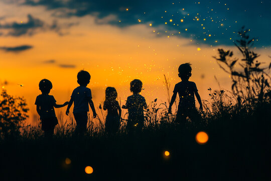 A group of kids catching fireflies at dusk silhouette