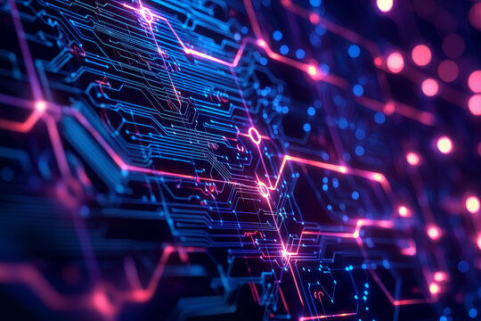 Abstract digital circuit design with vibrant neon colors.