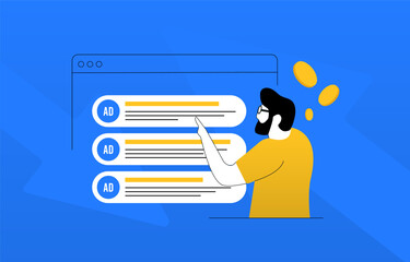 Pay per click and search engine marketing concept with digital marketing strategy, online advertising and targeted ads elements. Digital advertising and online ppc promotion flat vector illustration