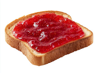 A slice of toast spread evenly with strawberry jam. Shiny surface, deep red color.
