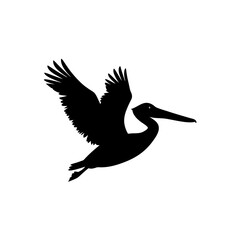 A Black Silhouette Vector Illustration of a Flying Pelican Seen from a Side Profile